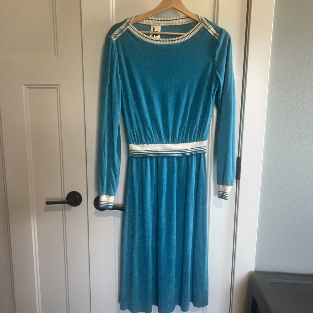 VTG  70's Jody Of California Turquoise Terry Cloth Dress White Trim Sz 11‎